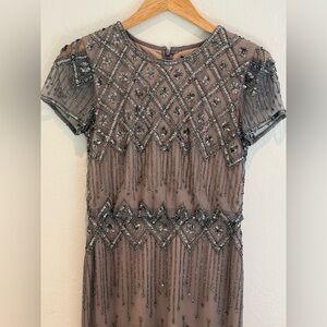 Like New Adrianna Papell Taupe Beaded Art Deco Cocktail Midi Dress Size 4